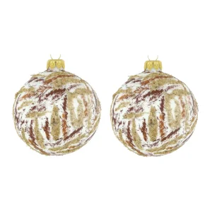 Dagmara kerstbal – glas – set van 2 – met een abstract patroon in goud-, brons- en kopertinten