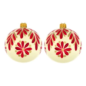 Dagmara kerstbal – glas – set van 2 – met rode florale motieven