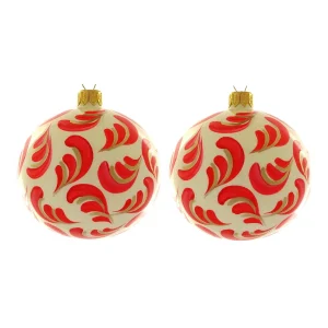 Dagmara kerstbal – glas – set van 2 – met rode takmotieven