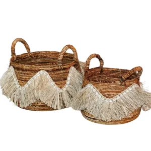 Decoratieve Opbergmanden Set van 2 – Handgevlochten Bananenstam / Bananenvezel Mand met Schelpen & Raffia – Boho Stijl – Met Handvatten - 52x52x35cm