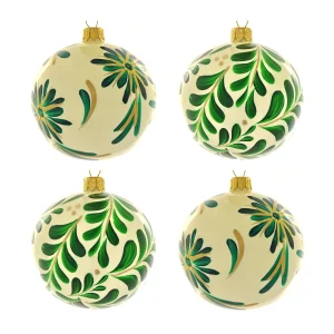 Dagmara kerstballen – crème – glas – set van 4 – met groene bloemenmotief