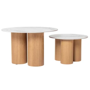 Giga Meubel Salontafel Alita - Wit Keramiek/Naturel - Ø70/50x42/32cm - Set van 2