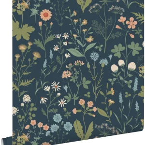 ESTAhome behang veldbloemen donkerblauw, groen en roze - 53 cm x 10.05 m - 139698