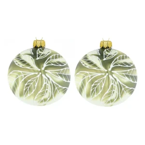 Dagmara kerstbal – olijfgroen – glas – set van 2 – met marmer effect en een wit bladmotief