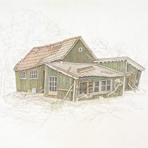 Groen huis met schuren